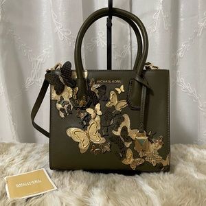 Michael Kors Crossbody Mercer Butterfly Embellished Accordion Olive Leather Tote